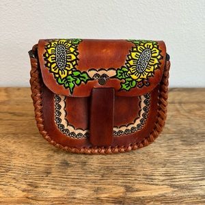 Vintage Embossed Leather Floral Crossbody, Small Bag, Hand Painted, Boho Style